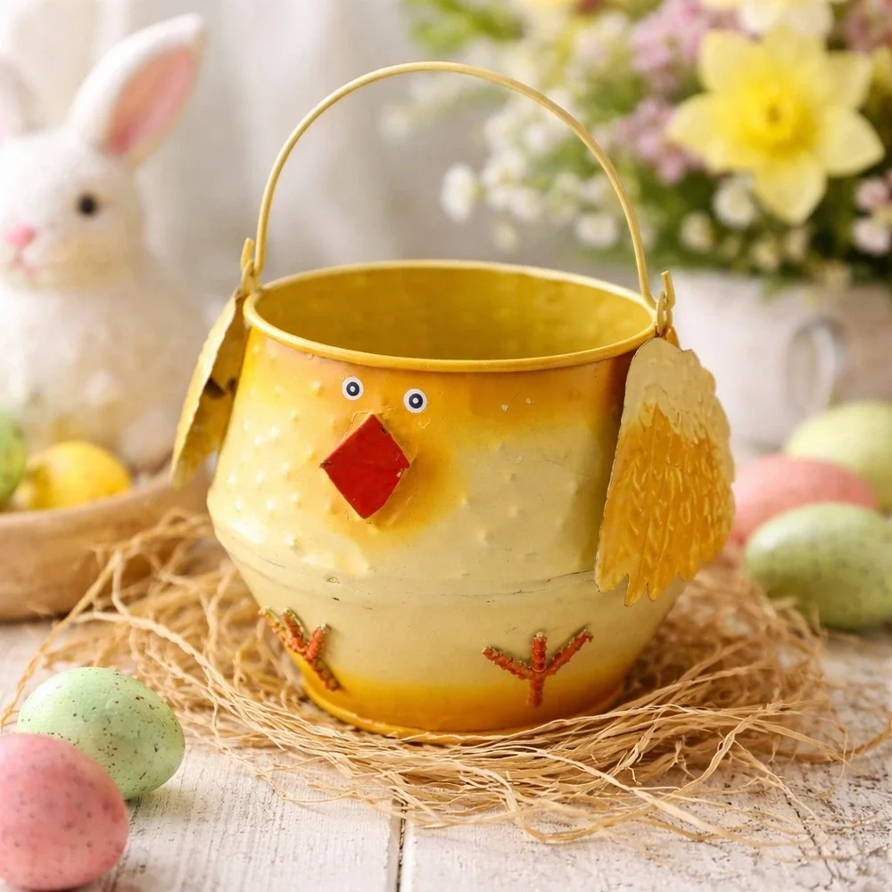 Retro Easter Chick Metal Basket Yellow Spring Cottage Decor 5.25